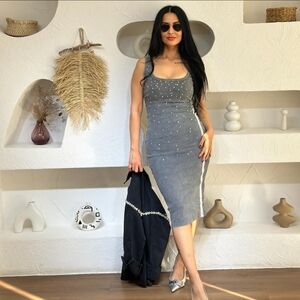 NWT ZARA FADED RIBBED DRESS WITH RHINESTONES GREY BODYCON MIDI DRESS